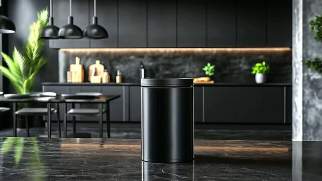 A compact food waste composter with an elegant design, placed in a minimalistic, eco-friendly kitchen