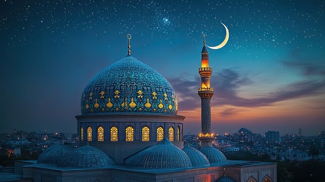 The roof of a mosque against the night sky embodies faith, Islamic tradition, and the architectural symbolism of religious structures
