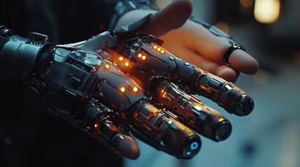 Naklejka na ściany i meble Human and robot handshake in futuristic lab generative AI