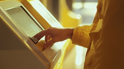 Person using a yellow self-service kiosk with a touchscreen.