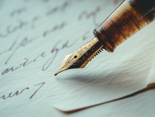 Fototapeta premium Fountain pen with gold nib writing on parchment with cursive text