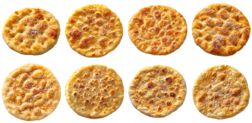 Collection of various A flatbread with a golden and crispy texture, sprinkled with salt isolated on white transparent background PNG set