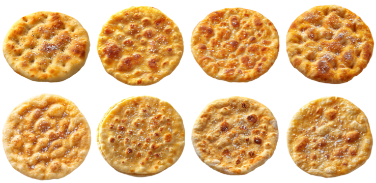 Collection of various A flatbread with a golden and crispy texture, sprinkled with salt isolated on white transparent background PNG set