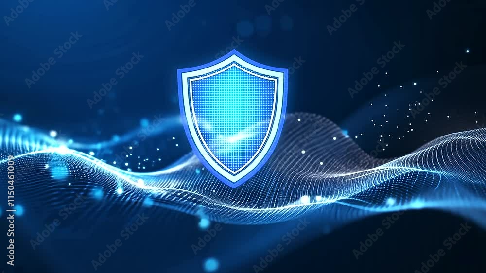 Poster a futuristic blue shield icon centered on a soft, flowing background with elegant wavy lines and a d