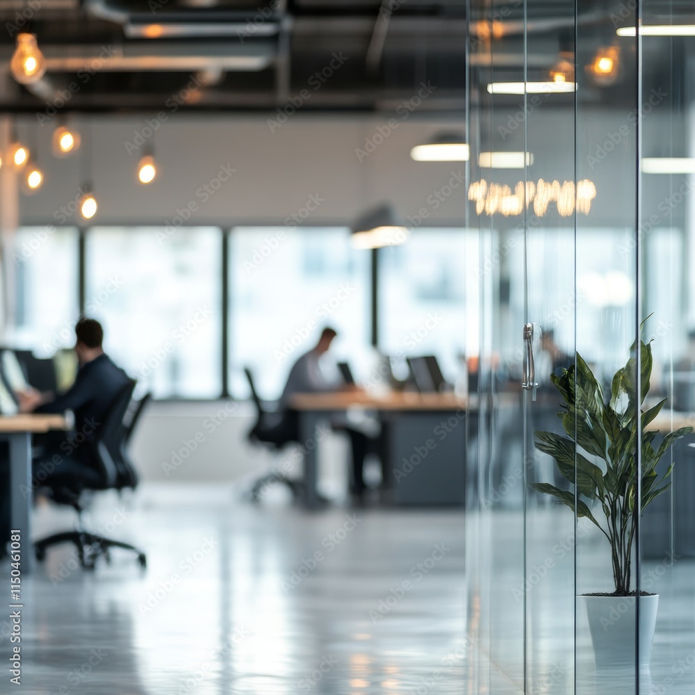Poster modern office workspace with employees engaged in various tasks during daytime hours in a well-lit c