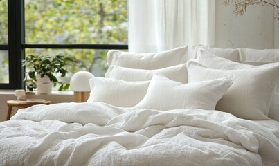 Cozy bed with white linens and pillows in a bright, airy bedroom