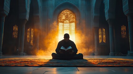 The silhouette of a man reading the Quran in a mosque represents worship, gratitude, and the quest for healing and peace