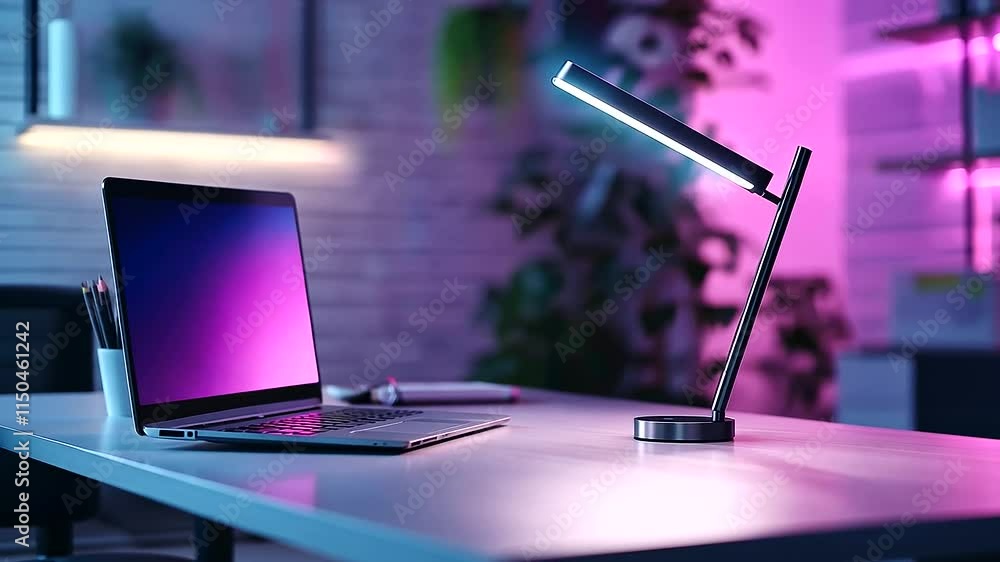 Poster a futuristic led desk lamp with voice-activated controls and color-changing features, illuminating a