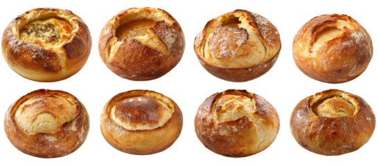Collection of various A freshly baked bread bowl, hollowed and ready for soup isolated on white transparent background PNG set