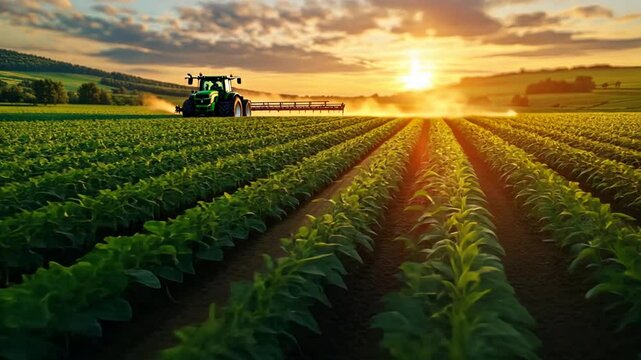 A tractor equipped with advanced spraying technology working through a soybean crop, demonstrating the integration of modern machinery in sustainable farming