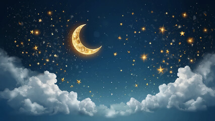 Naklejka premium Crescent moon, golden stars and white clouds 3d style isolated on blue background. Dream, lullaby, dreams background design for banner, booklet, poster. Vector illustration EPS10