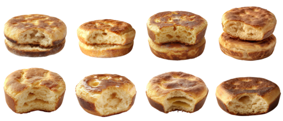 Collection of various A freshly baked English muffin, split to show the nooks and crannies isolated on white transparent background PNG set