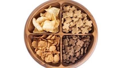 Fototapeta premium Assorted Snacks in Wooden Bowl: A Delicious Variety of Crispy Treats