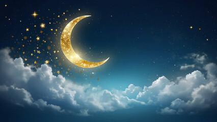 Naklejka premium Crescent moon, golden stars and white clouds 3d style isolated on blue background. Dream, lullaby, dreams background design for banner, booklet, poster. Vector illustration EPS10