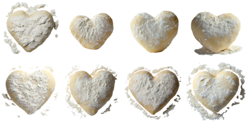 Collection of various A heart shape raw bread dough dusted with flour isolated on white transparent background PNG set