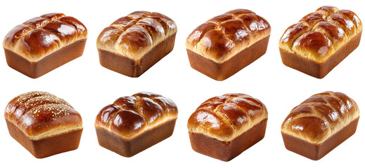 Obraz premium Collection of various A honey wheat bread loaf with a glossy finish isolated on white transparent background PNG set