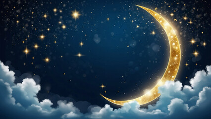 Fototapeta premium Crescent moon, golden stars and white clouds 3d style isolated on blue background. Dream, lullaby, dreams background design for banner, booklet, poster. Vector illustration EPS10