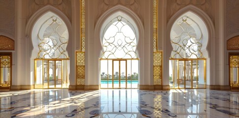 mosque element in ornate arabic, Islamic architecture style interior. White, golden colors, stars Ramadan Kareem. Muslim community festival.