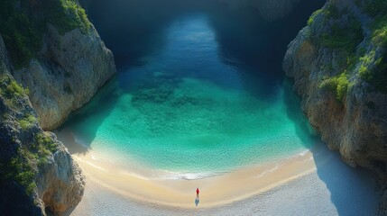 Aerial view of a secluded beach with turquoise water and a lone figure.