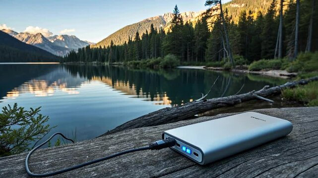 Sleek lightweight design p beside a tranquil lake charging devices under clear skies.