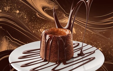 Chocolate Overload, Molten chocolate cake dessert with rich, flowing chocolate sauce on a white...