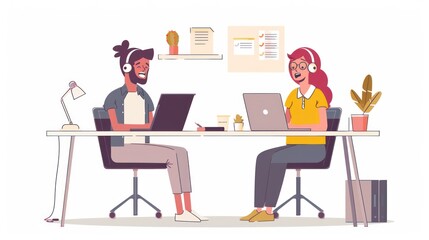 Collaborative Teamwork: Two Colleagues Working Together on Laptops in a Modern Office Setting