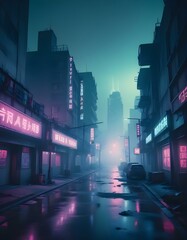 Cybergoth city landscape, foggy atmosphere, neon light, brutalism concrete neon city, high detail, high detail, studio lighting, copy background, professional grading, advertising