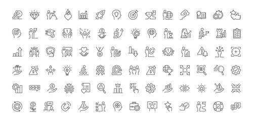 Growth and success line icons collection. Successful business development, plan and process vector icon set in flat design. Goals and Target Related. Editable stroke.