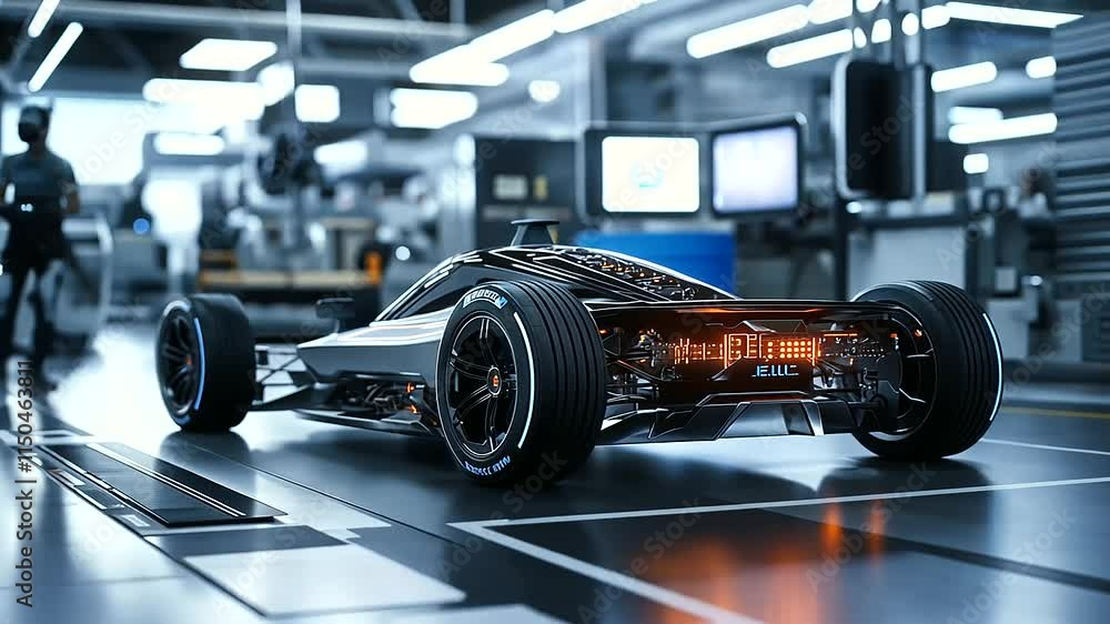 Poster a modular electric vehicle battery with a futuristic design, displayed in a high-tech lab setting