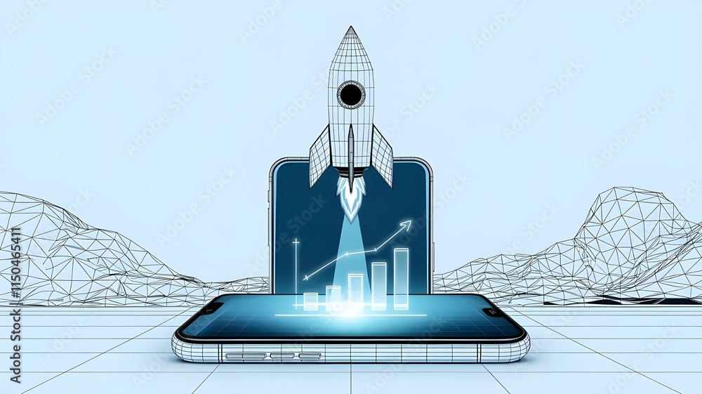 Poster abstract launch rocket with growth graph chart on a smartphone screen in light blue futuristic holog