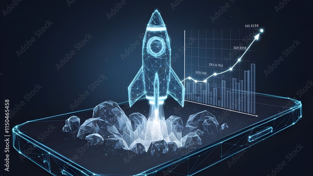 Poster abstract launch rocket with growth graph chart on a smartphone screen in light blue futuristic holog