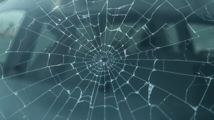 Obraz premium Cracked and shattered car windshield glass with spiderweb fractures, auto parts, repair cost, automotive repair