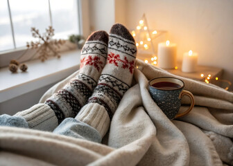 Feet in socks in a blanket, staying warm in winter