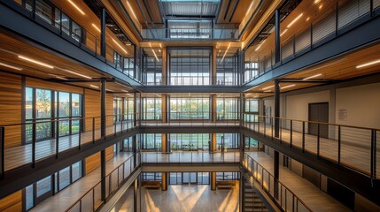 Obraz premium Modern multi-level atrium with glass walls and wooden accents, promoting collaboration and openness.