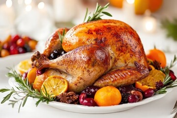 Roasted Turkey Garnished with Oranges and Rosemary on a Festive Table