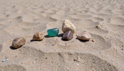 Colorful gemstones arranged on sandy beach background in a natural setting