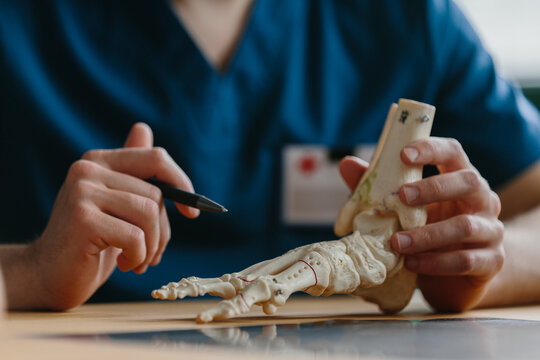 Doctor holding a foot skeleton model, demonstrating key points.