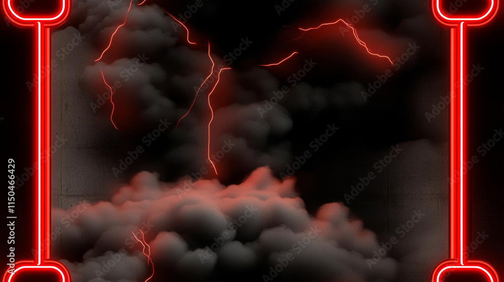 Poster minimal photostock of a futuristic sci-fi abstract red neon light shapes on black background and ref