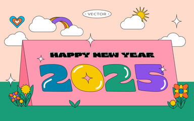 Flat design colorful retro geometric shape 2025 Happy New Year