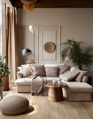 Generated image quiet luxury, interior of a luxurious neutral home decor, top view, luxe colours quality textures