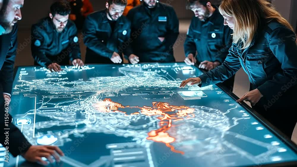 Poster an emergency briefing scene with rescue workers discussing strategies around a central control table
