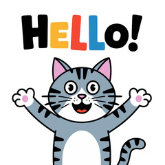A cat is smiling and waving at the camera with the words Hello! written below it