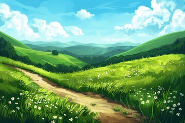 A Winding Path Through Lush Green Hills and White Wildflowers
