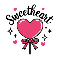 A heart shaped lollipop with a bow and the words 