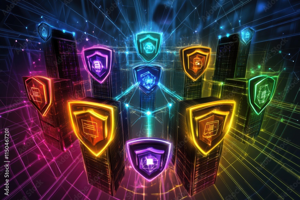 Poster cartoon-style illustration of a group of servers surrounded by glowing protective shield icons conne