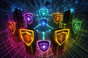 Cartoon-style illustration of a group of servers surrounded by glowing protective shield icons connected through vibrant network nodes in an exaggerated gigapixel design.