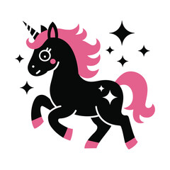 A black and pink unicorn with a pink mane and tail