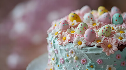 A homemade Easter cake decorated with pastel frosting flowers and tiny chocolate eggs.