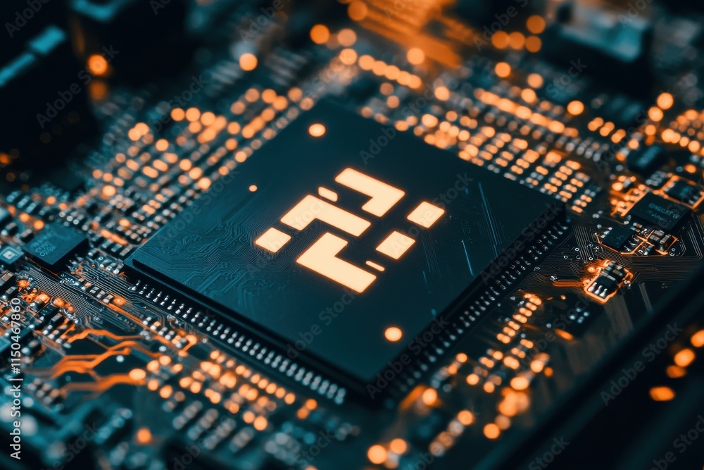 Poster close-up image of a computer chip installed on motherboard with overhead warm lighting showcasing de