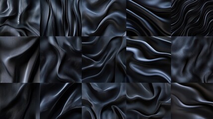 Obraz premium Processed collage of smooth elegant wavy deep black silk cloth fabric material texture. Background for banner, backdrop or texture for 3D mapping